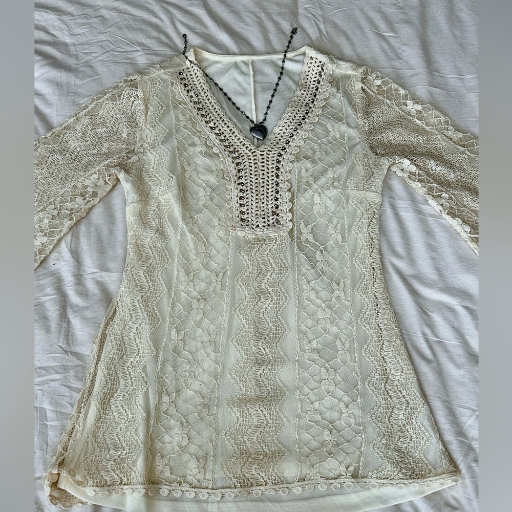 Bohemian fairy vintage cream lace long sleeve V-neck beaded neckline top